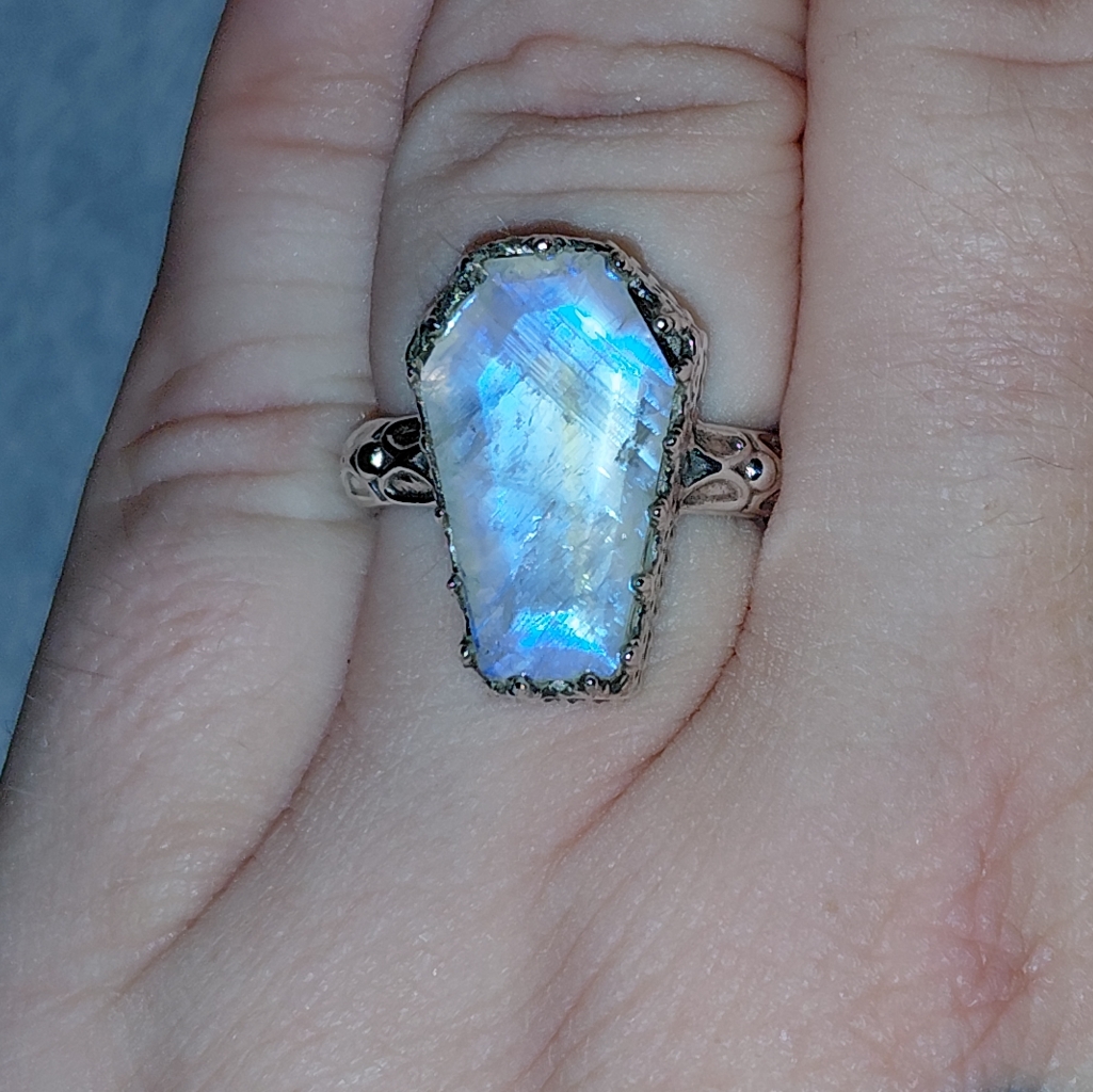 Vintage Style Rainbow Moonstone Sterling Silver Coffin Ring Vintage Style Rainbow Moonstone Sterling Silver Coffin Ring